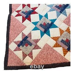 Vintage Hand Stitched Quilt Ohio Star Log Cabin Hanging Wall Art 39 x 26 READ