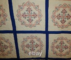 Vintage Hand Stitched Red White & Blue Embroidered Patriotic Quilt 94x85