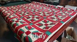 Vintage Hand Stitched Red, White, Green Tulip Flower Poinsettia Quilt 68 X 70