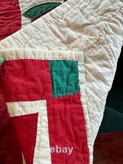 Vintage Hand Stitched Red, White, Green Tulip Flower Poinsettia Quilt 68 X 70