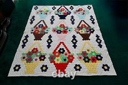 Vintage Hand-stitched Hexagon Quilt Flower Basket 84 x 72 Bouquet Heirloom