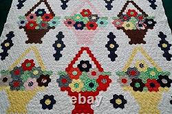 Vintage Hand-stitched Hexagon Quilt Flower Basket 84 x 72 Bouquet Heirloom