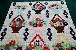 Vintage Hand-stitched Hexagon Quilt Flower Basket 84 x 72 Bouquet Heirloom