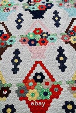 Vintage Hand-stitched Hexagon Quilt Flower Basket 84 x 72 Bouquet Heirloom