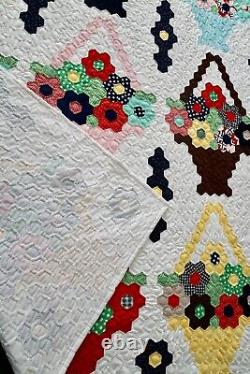 Vintage Hand-stitched Hexagon Quilt Flower Basket 84 x 72 Bouquet Heirloom