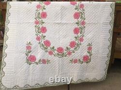 Vintage Handmade 1980s Quilt 90 X 77Full White Pink, Green Cross Stitch Flowers