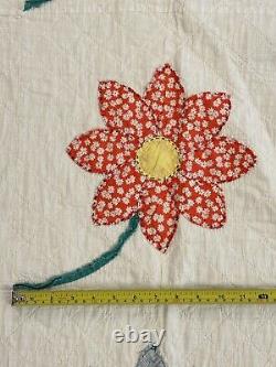 Vintage Handmade 30 Daisy Flower Applique White Multicolor Quilt 84x100 Queen