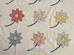 Vintage Handmade 30 Daisy Flower Applique White Multicolor Quilt 84x100 Queen