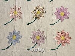 Vintage Handmade 30 Daisy Flower Applique White Multicolor Quilt 84x100 Queen