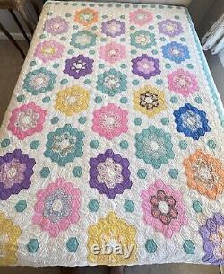 Vintage Handmade Amish Grandmother's Flower Garden Quilt A466