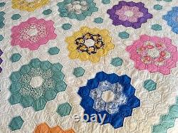 Vintage Handmade Amish Grandmother's Flower Garden Quilt A466