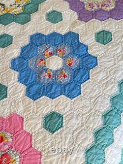 Vintage Handmade Amish Grandmother's Flower Garden Quilt A466