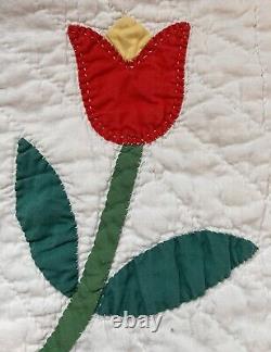 Vintage Handmade Appliqué Red Tulip Quilt 86x73