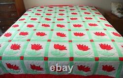 Vintage Handmade Applique Tulip Quilt Queen 87 x 96 Red Green Floral Country