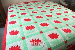 Vintage Handmade Applique Tulip Quilt Queen 87 x 96 Red Green Floral Country