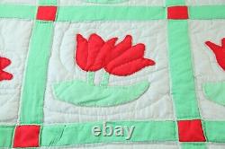 Vintage Handmade Applique Tulip Quilt Queen 87 x 96 Red Green Floral Country