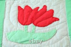 Vintage Handmade Applique Tulip Quilt Queen 87 x 96 Red Green Floral Country