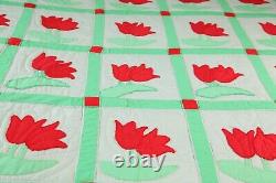 Vintage Handmade Applique Tulip Quilt Queen 87 x 96 Red Green Floral Country