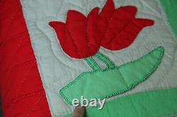 Vintage Handmade Applique Tulip Quilt Queen 87 x 96 Red Green Floral Country