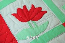 Vintage Handmade Applique Tulip Quilt Queen 87 x 96 Red Green Floral Country