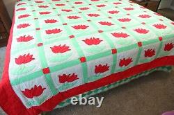 Vintage Handmade Applique Tulip Quilt Queen 87 x 96 Red Green Floral Country