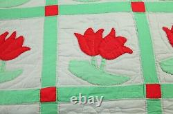 Vintage Handmade Applique Tulip Quilt Queen 87 x 96 Red Green Floral Country