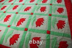 Vintage Handmade Applique Tulip Quilt Queen 87 x 96 Red Green Floral Country