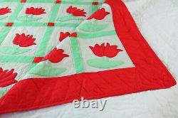 Vintage Handmade Applique Tulip Quilt Queen 87 x 96 Red Green Floral Country