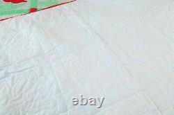 Vintage Handmade Applique Tulip Quilt Queen 87 x 96 Red Green Hand Stitched