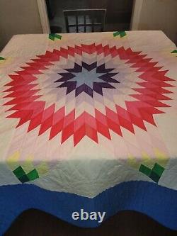 Vintage Handmade Big Multicolor Patch Starburst Quilt King/Queen Size 102x84 New