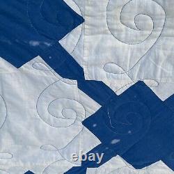 Vintage Handmade Blue White Squares Patchwork Quilt 88 x 92 Machine Stitched