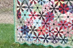 Vintage Handmade Brightly Colored Hexagons Patchwork Quilt Scalloped Edge
