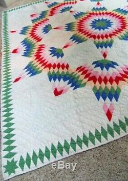 Vintage Handmade Broken Star Multicolored Quilt dated 1934 peach backing