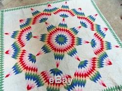 Vintage Handmade Broken Star Multicolored Quilt dated 1934 peach backing