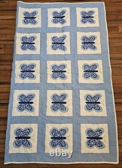 Vintage Handmade Butterfly Quilt Block Blue White Boarder 88x72in