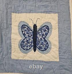 Vintage Handmade Butterfly Quilt Block Blue White Boarder 88x72in