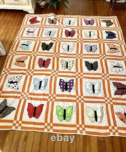 Vintage Handmade Butterfly Quilt Block Orange Boarder 85x73 Large