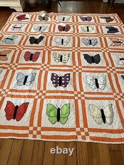 Vintage Handmade Butterfly Quilt Block Orange Boarder 85x73 Large