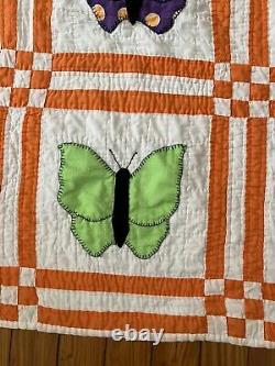 Vintage Handmade Butterfly Quilt Block Orange Boarder 85x73 Large