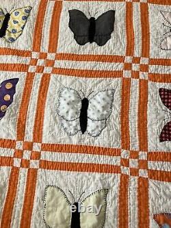 Vintage Handmade Butterfly Quilt Block Orange Boarder 85x73 Large