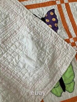 Vintage Handmade Butterfly Quilt Block Orange Boarder 85x73 Large