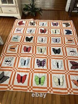 Vintage Handmade Butterfly Quilt Block Orange Boarder 85x73 Large