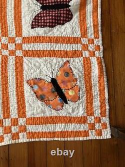 Vintage Handmade Butterfly Quilt Block Orange Boarder 85x73 Large