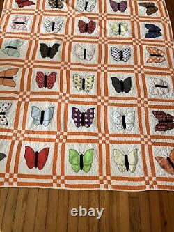 Vintage Handmade Butterfly Quilt Block Orange Boarder 85x73 Large