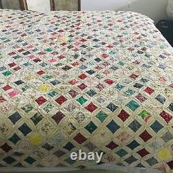 Vintage Handmade Cathedral Window Multi Color Cotton Quilt
