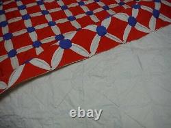 Vintage Handmade Cathedral Window Quilt 80 x 90 Red, White and Blue