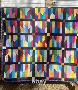 Vintage Handmade Color Bar Quilt Colorful Rainbow Large 84x74 Signed