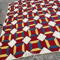 Vintage Handmade Color Block Square Patchwork Cotton & Polyester Quilt