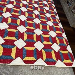 Vintage Handmade Color Block Square Patchwork Cotton & Polyester Quilt