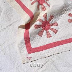 Vintage Handmade Cotton Quilt Red White Gingham Flowers SIGNED, dated 1952